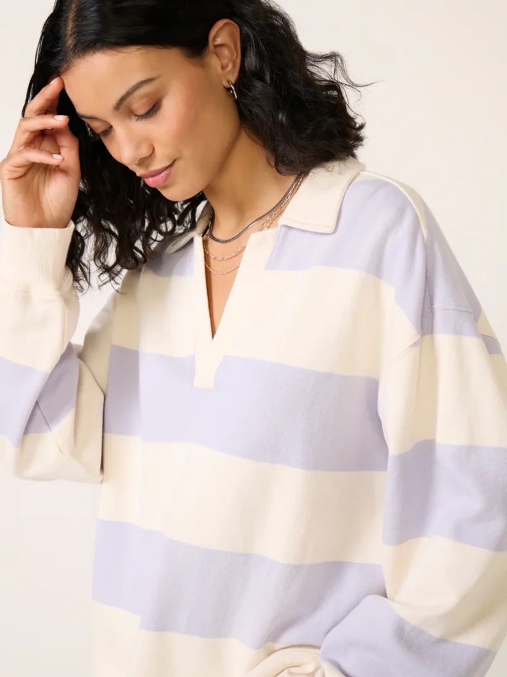Z Supply Lavender Striped Collared Henley Pullover
